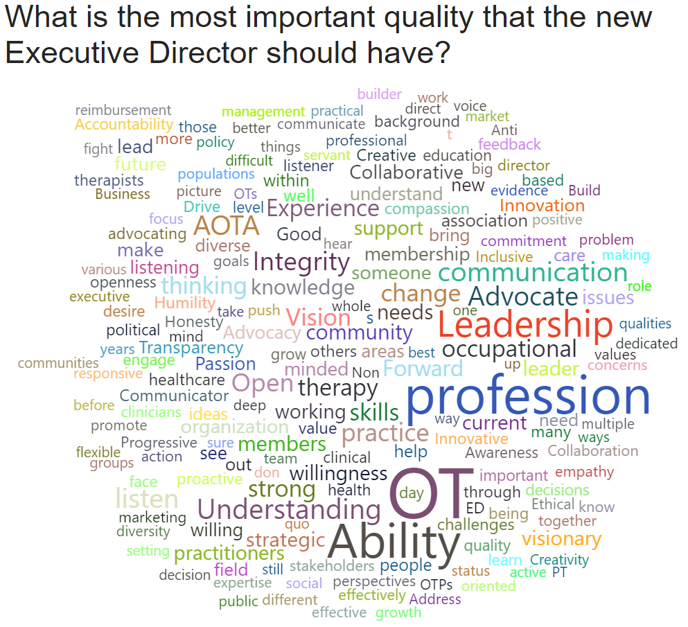 A word cloud depicting answers to the question What is the most important quality that the new Executive Director should have