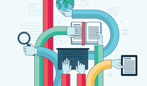 Illustration of long arms with hands accessing a globe, book, keyboard, and magnifying glass