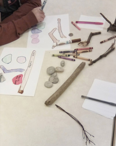 In activity 2 sticks and rocks were traced. SVRC members and MSOT students were paired up and each completed their own project while talking with one another about their personal strengths and challenges.