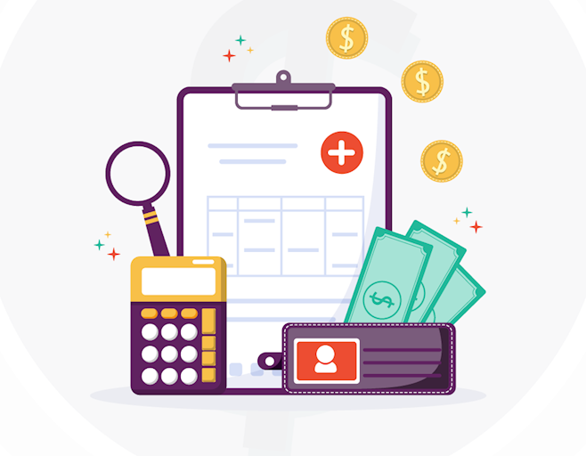 Graphic of a group of items: calculator, magnifying glass, clipboard, and wallet with money