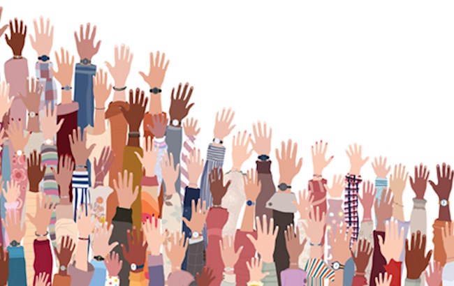 Illustration of many different and diverse arms/hands raised skyward.