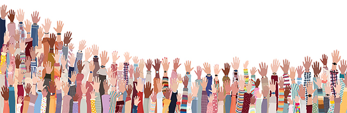 Illustration of many different and diverse arms/hands raised skyward.