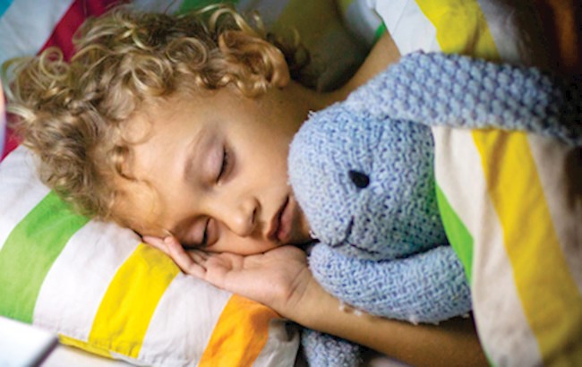 Child sleeping in bed with stuffed bunny