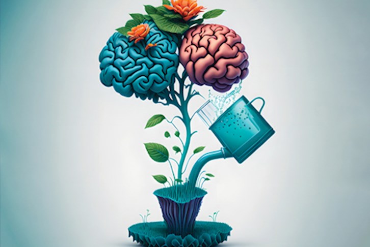 Illustration of a vase with a plant growing with flowers and brains; a watering can pours water in the vase.